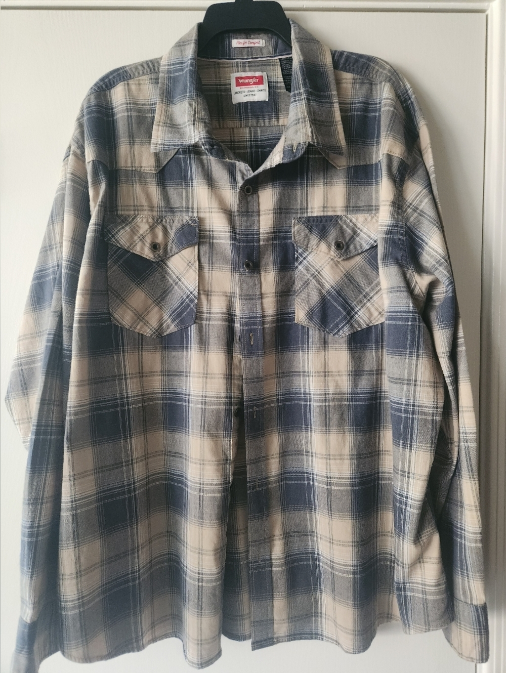 Wrangler 🤠 Western Flannel Tan Gray Plaid Long Sleeve Men Size XXXL EUC $32